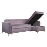 Pikowany, rozkładany narożnik z kryształkami, pojemnikiem na pościel i funkcją spania do salonu - PAOLA róż