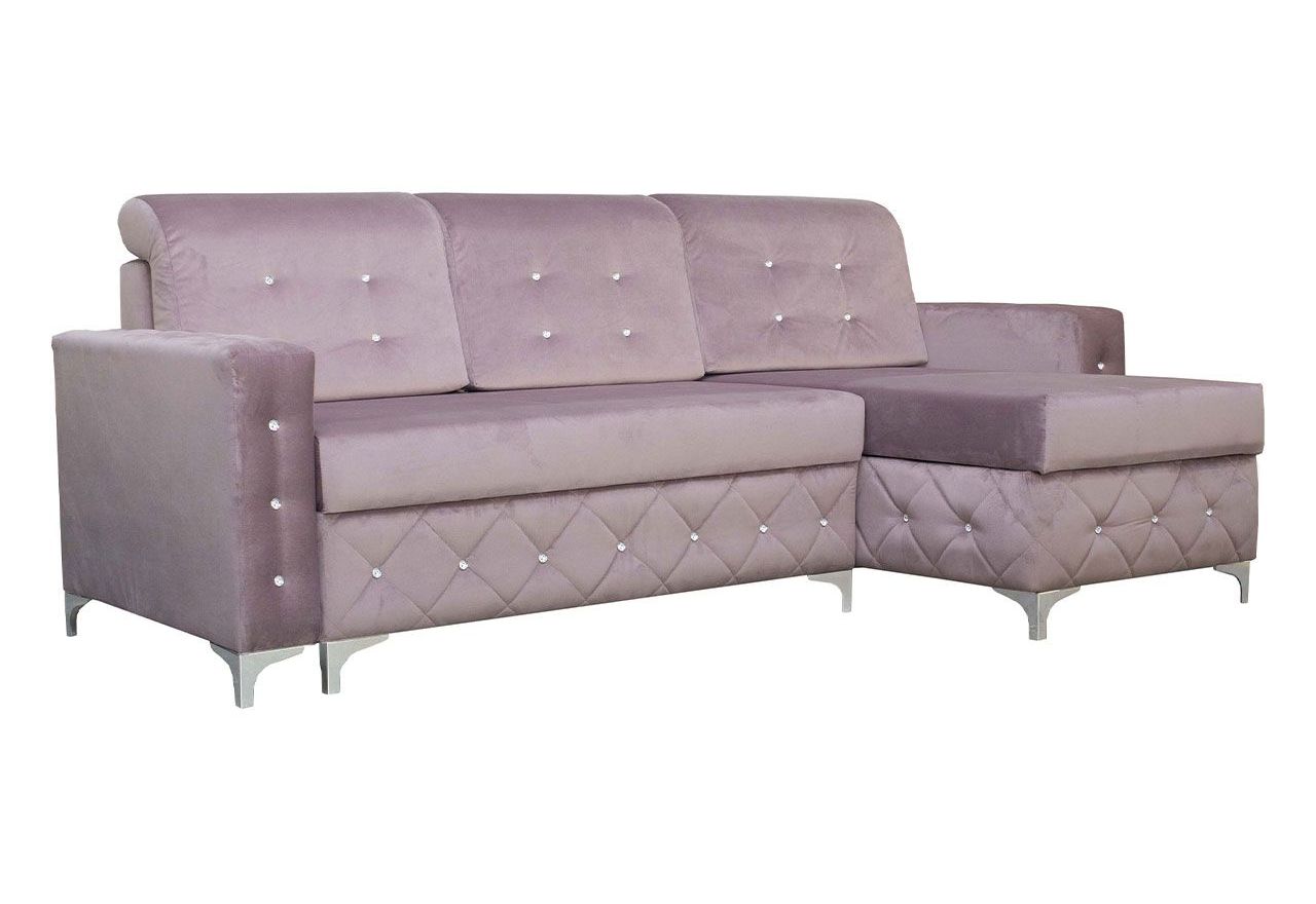 Pikowany, rozkładany narożnik z kryształkami, pojemnikiem na pościel i funkcją spania do salonu - PAOLA róż