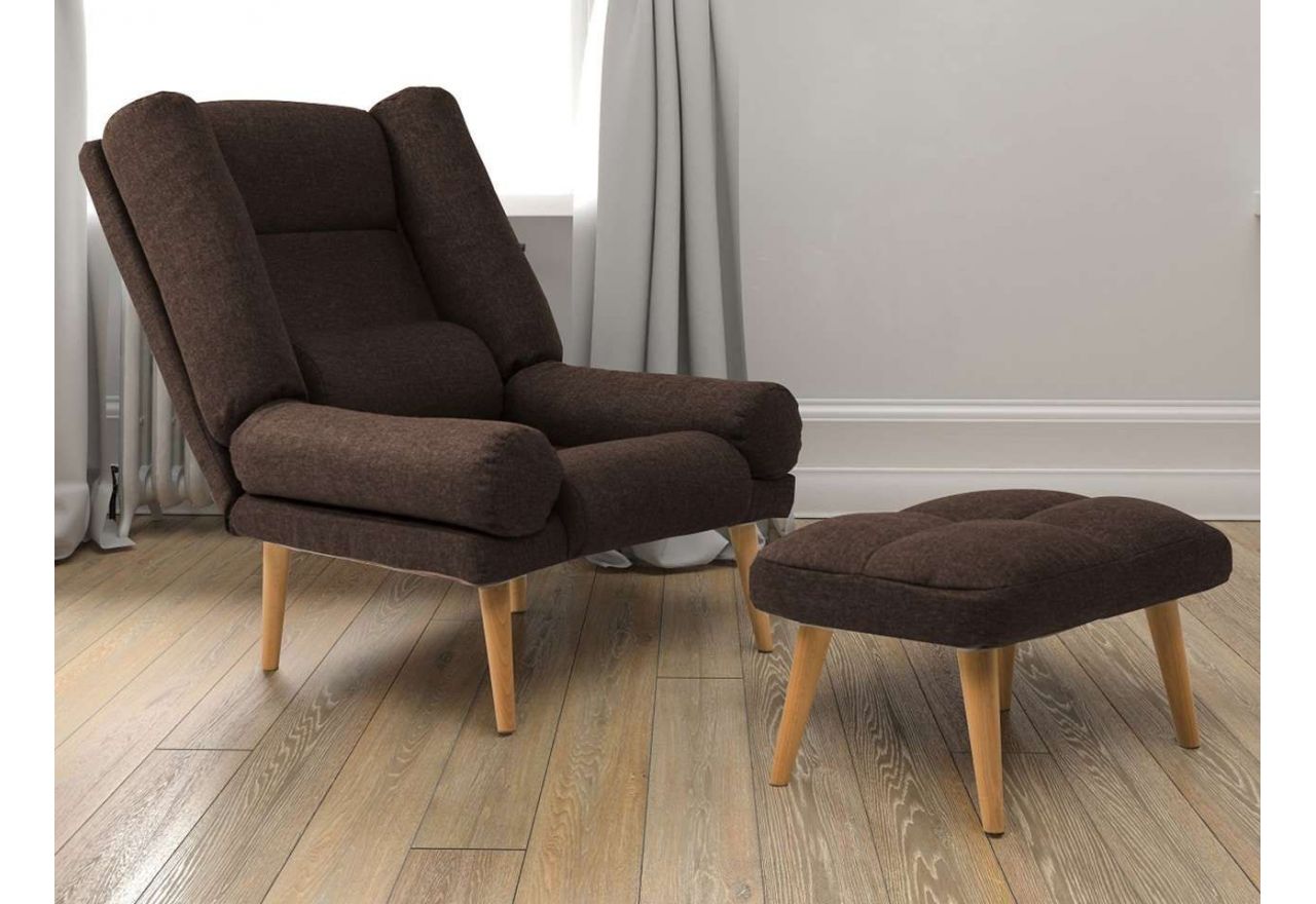 Wolnostojący fotel tapicerowany w skandynawskim stylu z podnóżkiem - LOTUS / Falcone 16 - brązowy