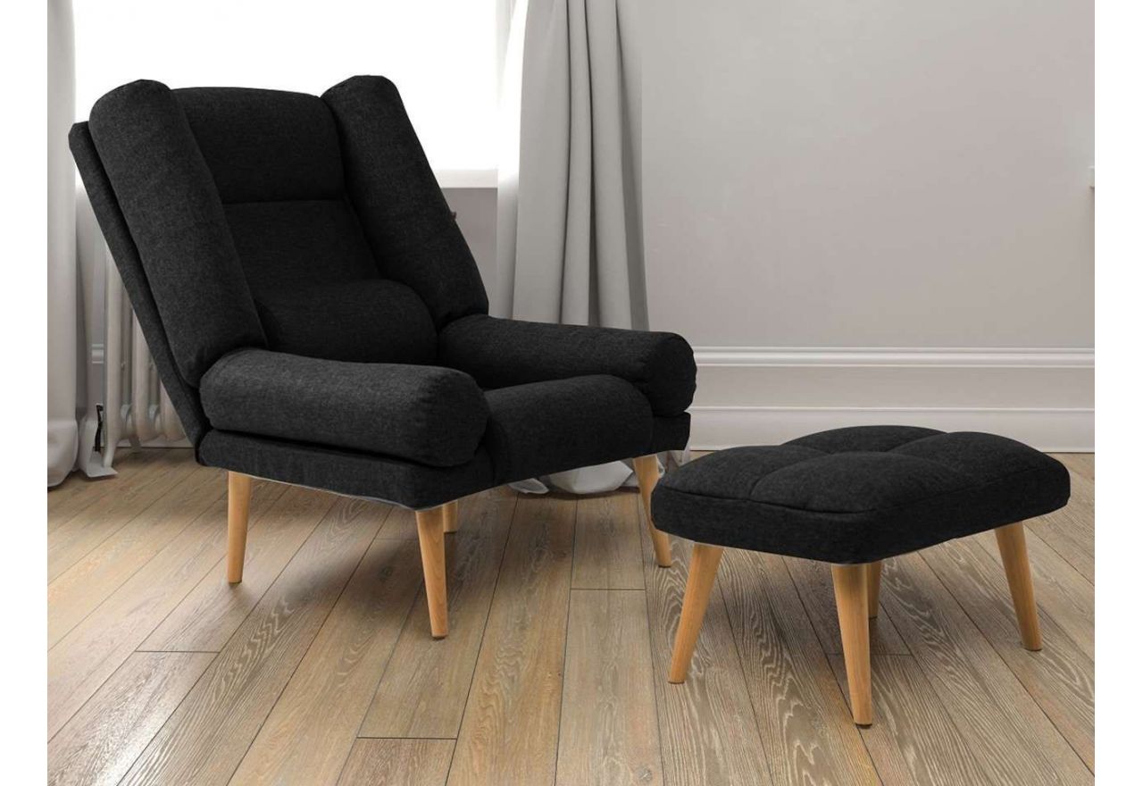 Rozkładany fotel skandynawski w zestawie z podnóżkiem, wolnostojący - LOTUS / Falcone 14 - czarny