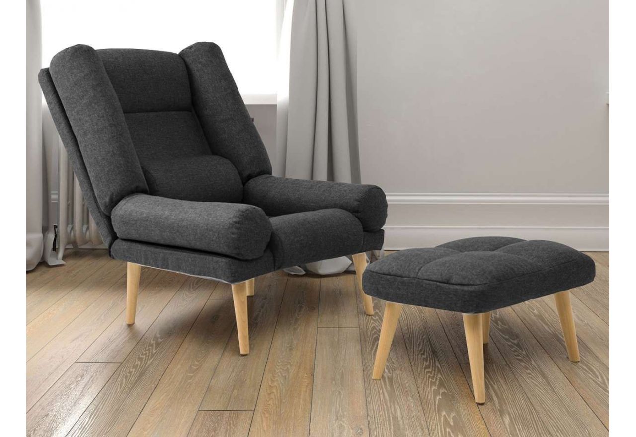 Jednoosobowy, modny fotel rozkładany z podnóżkiem w zestawie - LOTUS / Falcone 68 - ciemny szary