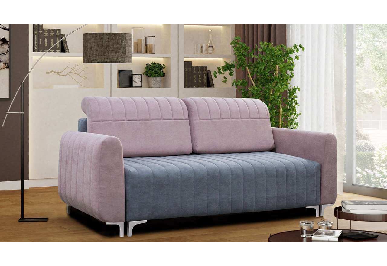 Stylowa sofa, kanapa z funkcją spania i pojemnikiem na pościel, metalowe nóżki - ALIKIA róż, szary
