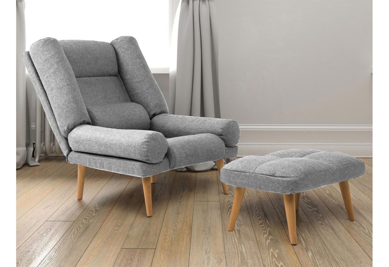 Modny, praktyczny fotel tapicerowany z podłokietnikami i podnóżkiem - LOTUS / Zoya 12 - szary