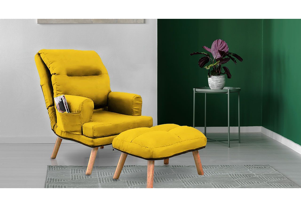 Tapicerowany fotel na wysokich, drewnianych nóżkach z podłokietnikami i podnóżkiem w zestawie - NAOMI / Solo 257 - żółty