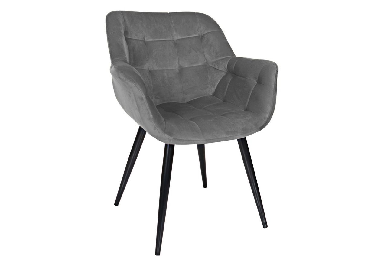 Szare stylowe krzesło BELMONTE z pikowaną tapicerką i metalowymi nogami