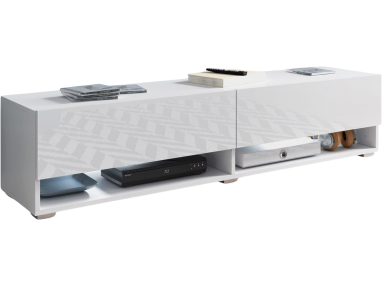 Nowoczesna szafka RTV 140 cm z opcją oświetlenia LED - LOWBOARD ARON / Biały mat / Biały połysk