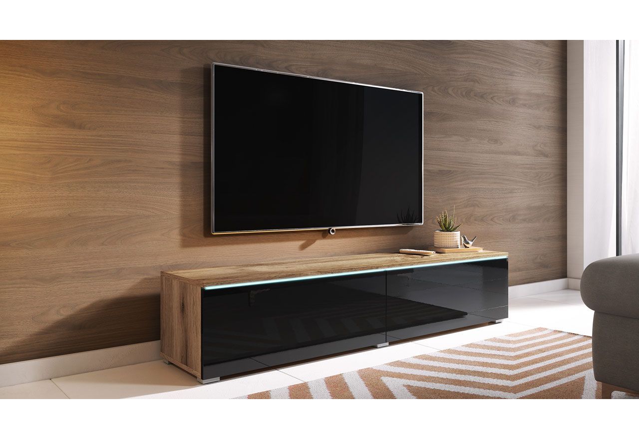 Szafka pod telewizor 140 cm w nowoczesnym stylu do salonu i pokoju - LOWBOARD DON / Dąb Wotan / Czarny połysk