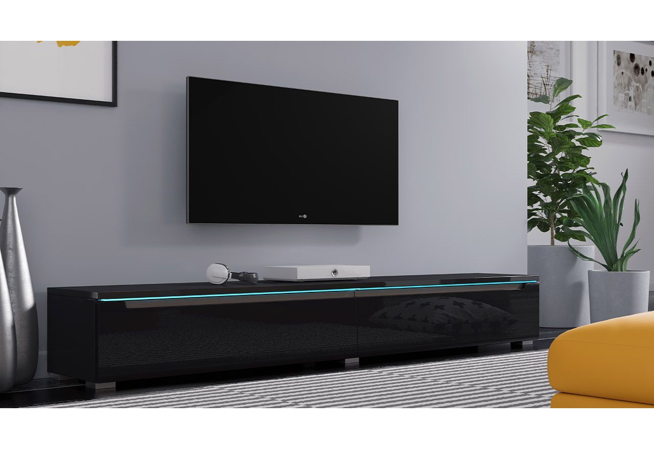 Modna szafka RTV 180 cm w nowoczesnym stylu do salonu z opcją oświetlenia LED - LOWBOARD GABIS / Czarny połysk