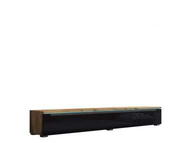 Nowoczesna szafka RTV 180 cm do salonu z opcją oświetlenia LED - LOWBOARD GABIS / Dąb Wotan / Czarny połysk