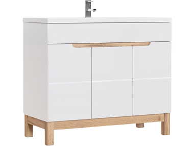 Funkcjonalna z nowoczesnym designem szafka 100 cm pod umywalkę do łazienki - CORINO / Biały Kasai połysk / Biały / Dąb Wotan
