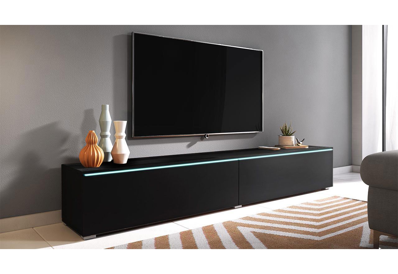 Modna szafka RTV 180 cm z opcją oświetlenia LED do pokoju i salonu - LOWBOARD DON / Czarny grafit