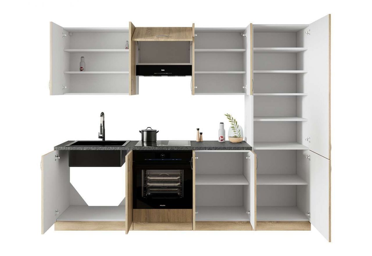Designerski zestaw modułowych mebli do kuchni z wysokim słupkiem, korpus w bieli SELINA SONOMA 260 cm - Dąb Sonoma / Biały
