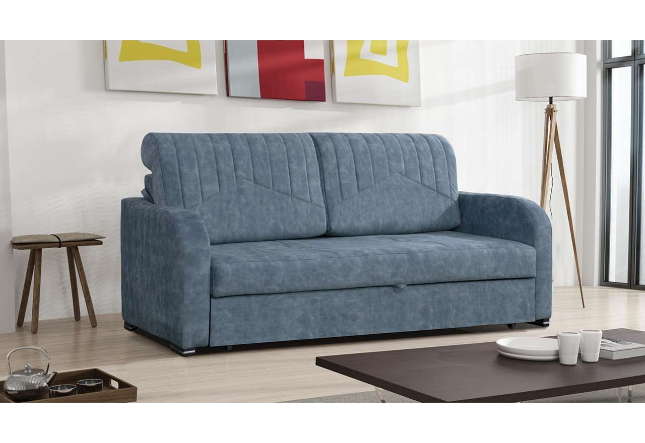 Nowoczesna rozkładana sofa, kanapa z dwuetapowym systemem rozkładającym powierzchnie spania - AKITA niebiesko-szary