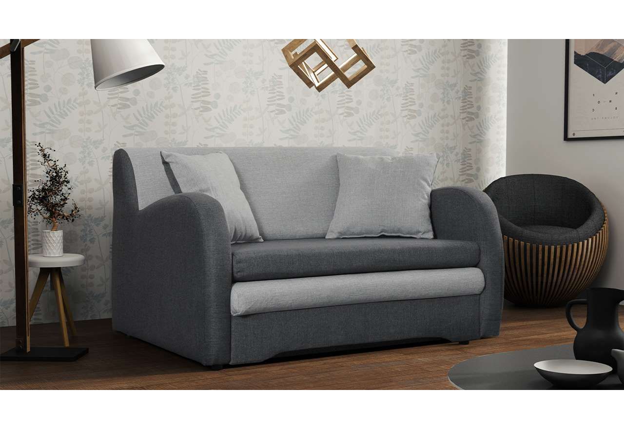 Modna kanapa dla dwóch osób z funkcją spania i pojemnikiem, do salonu lub pokoju - AZJA II jasny szary, szary