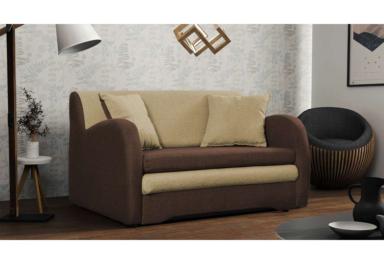 Dwuosobowa kanapa z poduszkami, funkcją spania i pojemnikiem na pościel - AZJA II brązowy, beżowy