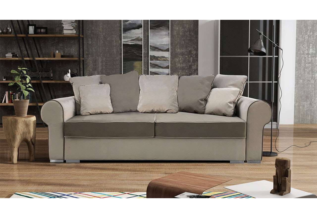 Praktyczna kanapa, rozkładana sofa z pojemnikiem na pościel i funkcją spania - DOLOR brąz, beż