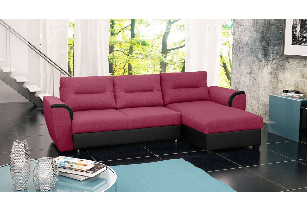 Modna różowa kanapa narożna z funkcją spania i pojemnikiem na pościel TOMALE