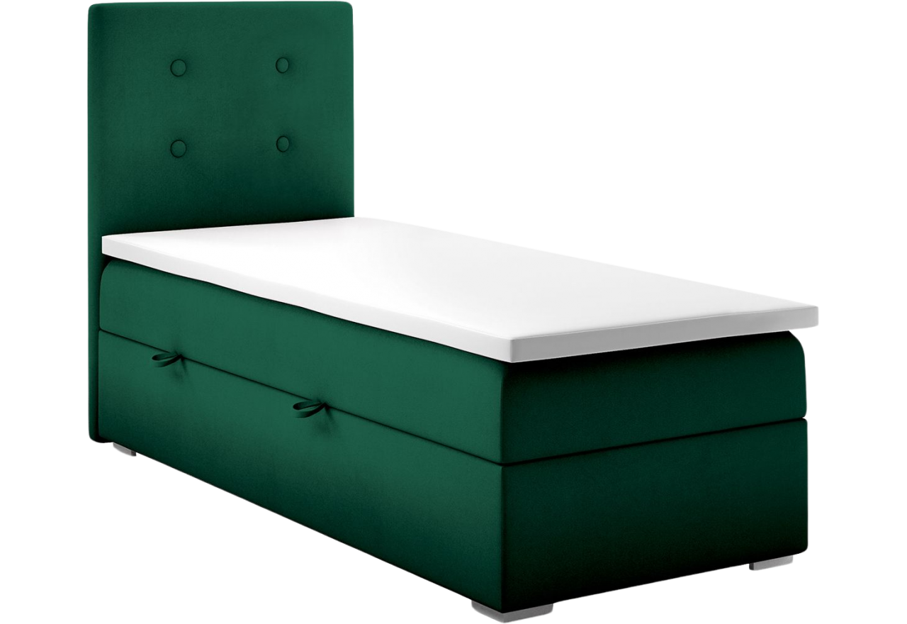 Pikowane łóżko kontynentalne pojedyncze z materacem i opcją pojemnika na pościel - RAMIR 90x200 butelkowa zieleń