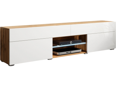 Praktyczna szafka RTV 180 cm w nowoczesnym designie do salonu i pokoju - LOWBOARD MAKAN / Dąb wotan / Biały połysk