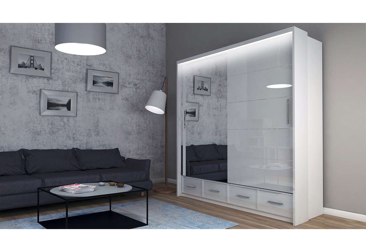 Przesuwna biała szafa z lustrem 200 cm i szufladami do sypialni i salonu - SONEO biały połysk
