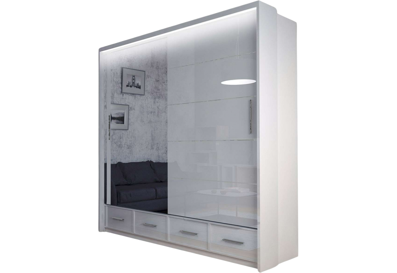 Przesuwna biała szafa z lustrem 200 cm i szufladami do sypialni i salonu - SONEO biały połysk