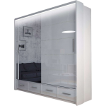 Przesuwna biała szafa z lustrem 200 cm i szufladami do sypialni i salonu - SONEO biały połysk