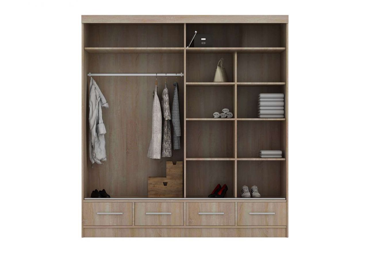 Przesuwna biała szafa z lustrem 200 cm i szufladami do sypialni i salonu - SONEO biały połysk