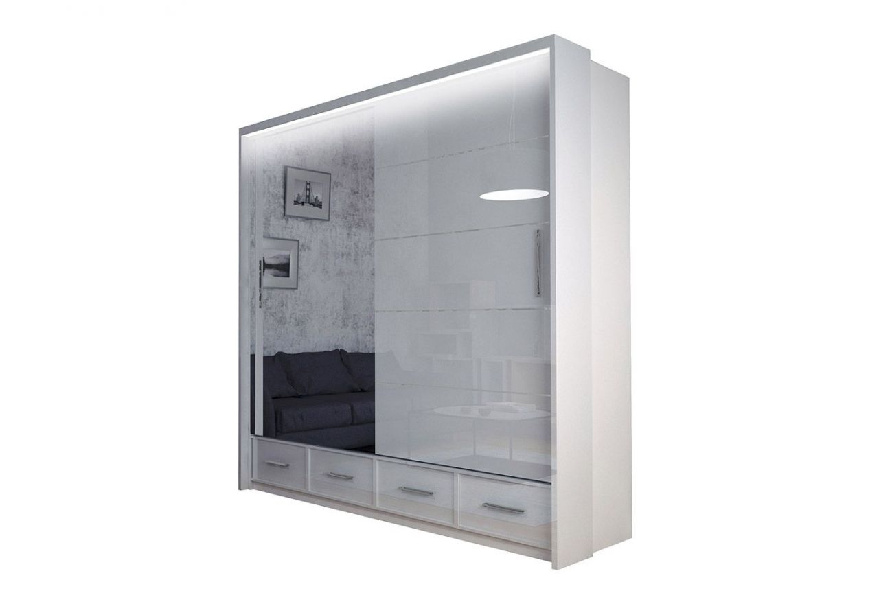 Przesuwna biała szafa z lustrem 200 cm i szufladami do sypialni i salonu - SONEO biały połysk