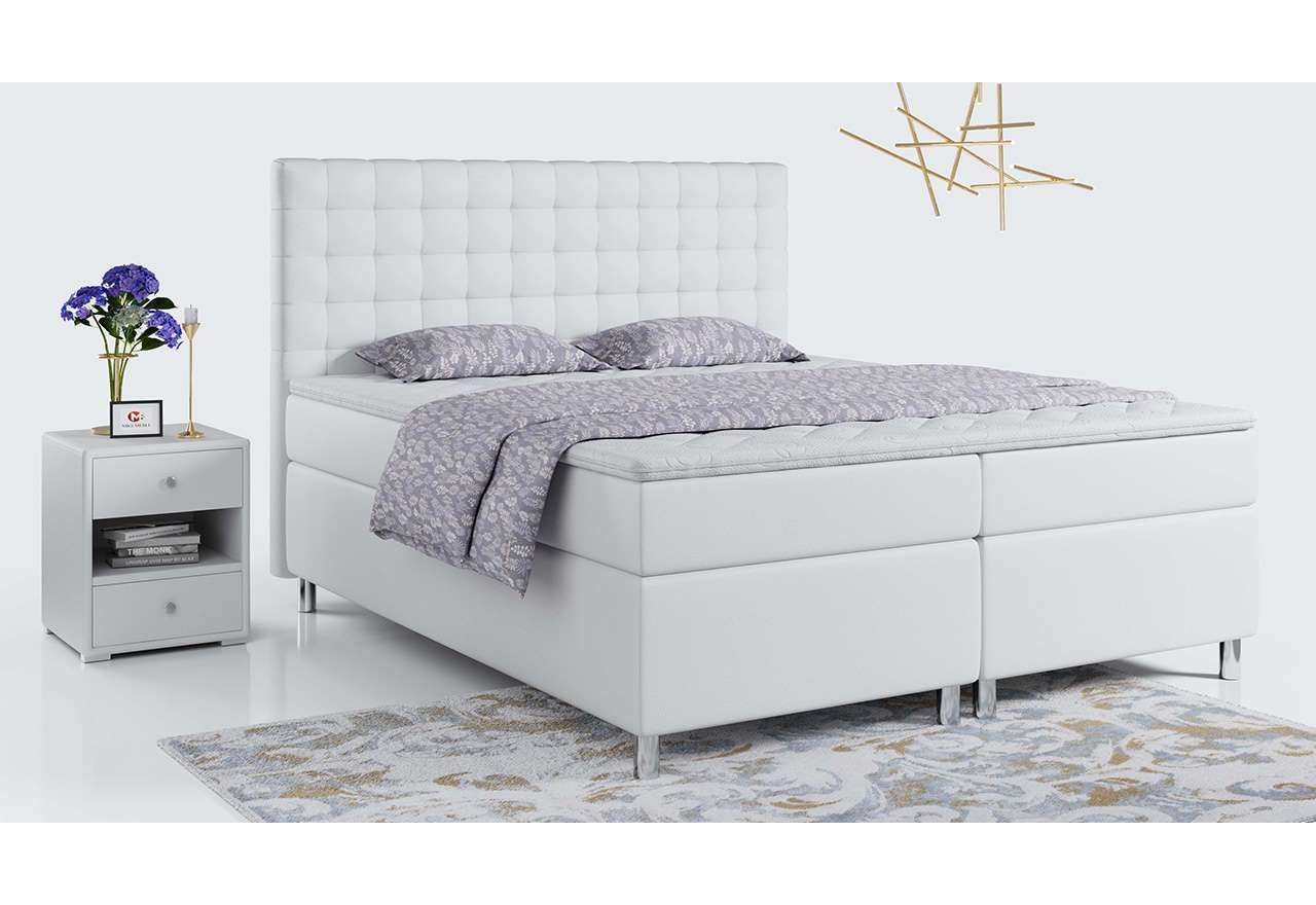 Łóżko kontynentalne 140x200 w nowoczesnym stylu na wysokich nóżkach - TALO / Madryt 920 - biała ecoskóra