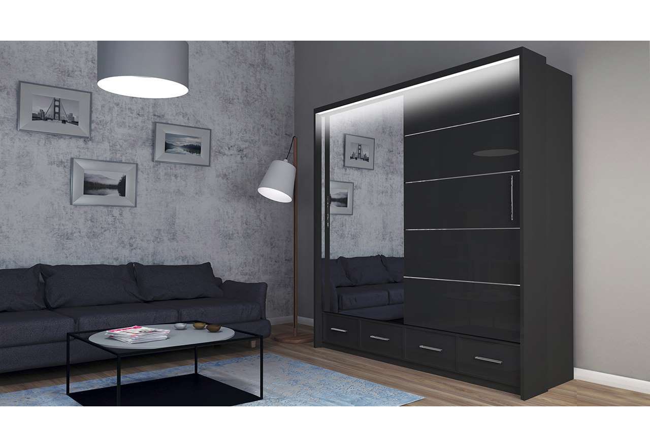 Czarna, przestronna szafa przesuwna 200 cm z lustrem, połyskiem i szufladami do sypialni - SONEO czarny połysk