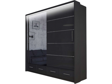 Czarna, przestronna szafa przesuwna 200 cm z lustrem, połyskiem i szufladami do sypialni - SONEO czarny połysk