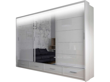 Duża, pojemna szafa przesuwna 250 cm w białym połysku, z lustrem i oświetleniem LED - SONEO biały połysk