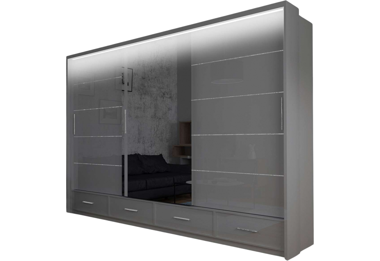 Nowoczesna szafa z lustrem, przesuwna 250 cm z szufladami i pojemnymi półkami - SONEO szary połysk