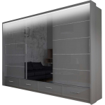 Nowoczesna szafa z lustrem, przesuwna 250 cm z szufladami i pojemnymi półkami - SONEO szary połysk