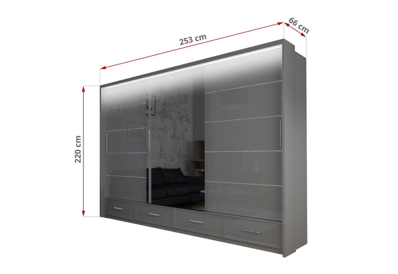 Nowoczesna szafa z lustrem, przesuwna 250 cm z szufladami i pojemnymi półkami - SONEO szary połysk