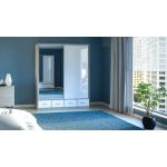 Szafa przesuwna 200 cm z lustrem i szufladami do sypialni, salonu i pokoju młodzieżowego - ESTELA biały połysk, dąb sonoma