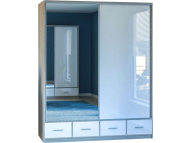 Szafa przesuwna 200 cm z lustrem i szufladami do sypialni, salonu i pokoju młodzieżowego - ESTELA biały połysk, dąb sonoma