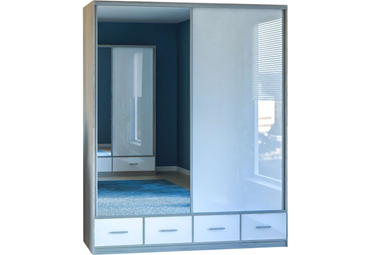 Szafa przesuwna 200 cm z lustrem i szufladami do sypialni, salonu i pokoju młodzieżowego - ESTELA biały połysk, dąb sonoma