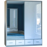 Szafa przesuwna 200 cm z lustrem i szufladami do sypialni, salonu i pokoju młodzieżowego - ESTELA biały połysk, dąb sonoma