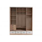 Szafa przesuwna 200 cm z lustrem i szufladami do sypialni, salonu i pokoju młodzieżowego - ESTELA biały połysk, dąb sonoma