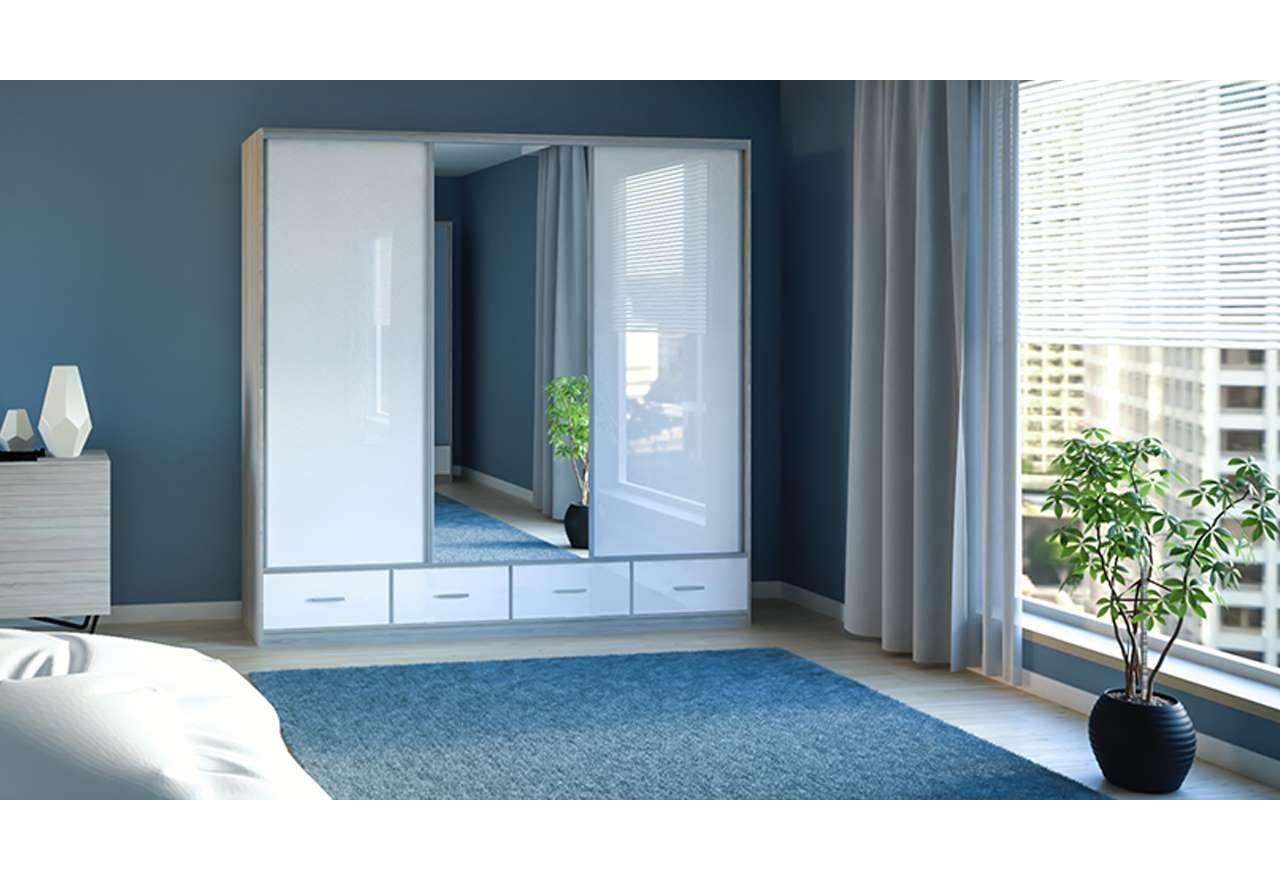 Modna szafa przesuwna 250 cm z lustrem i białymi frontami do sypialni - ESTELA biały połysk, dąb sonoma