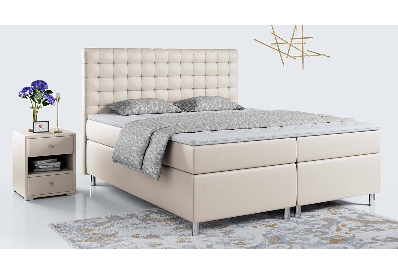 Modne łóżko kontynentalne 120x200 z podwójnym pojemnikiem na pościel do sypialni - TALO / Madryt 912 - beżowa ecoskóra