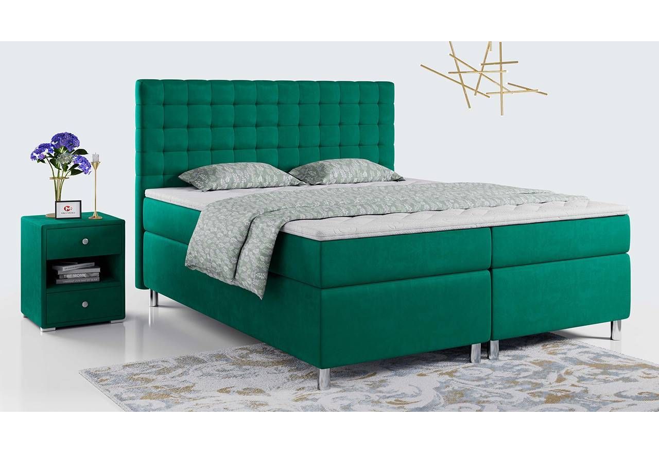 Nowoczesne łóżko kontynentalne 140x200 na wysokich nóżkach do sypialni - TALO butelkowa zieleń