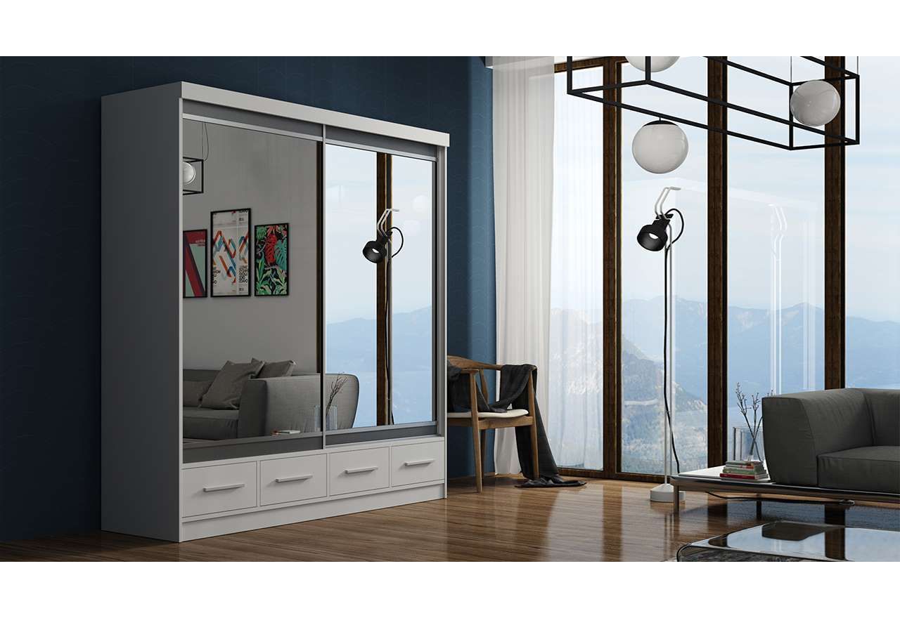 Biała szafa przesuwna 200 cm z drążkiem, półkami, szufladami i lustrem na frontach - KEIRA biały, lustra