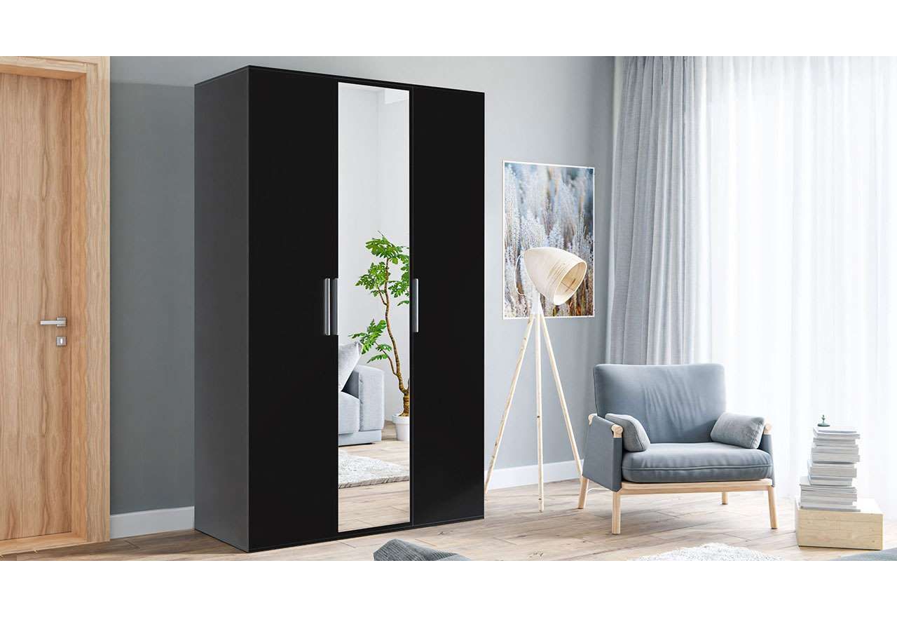 Szafa 3 drzwiowa z lustrem 120 cm, na ubrania w czarnym kolorze - BASTET