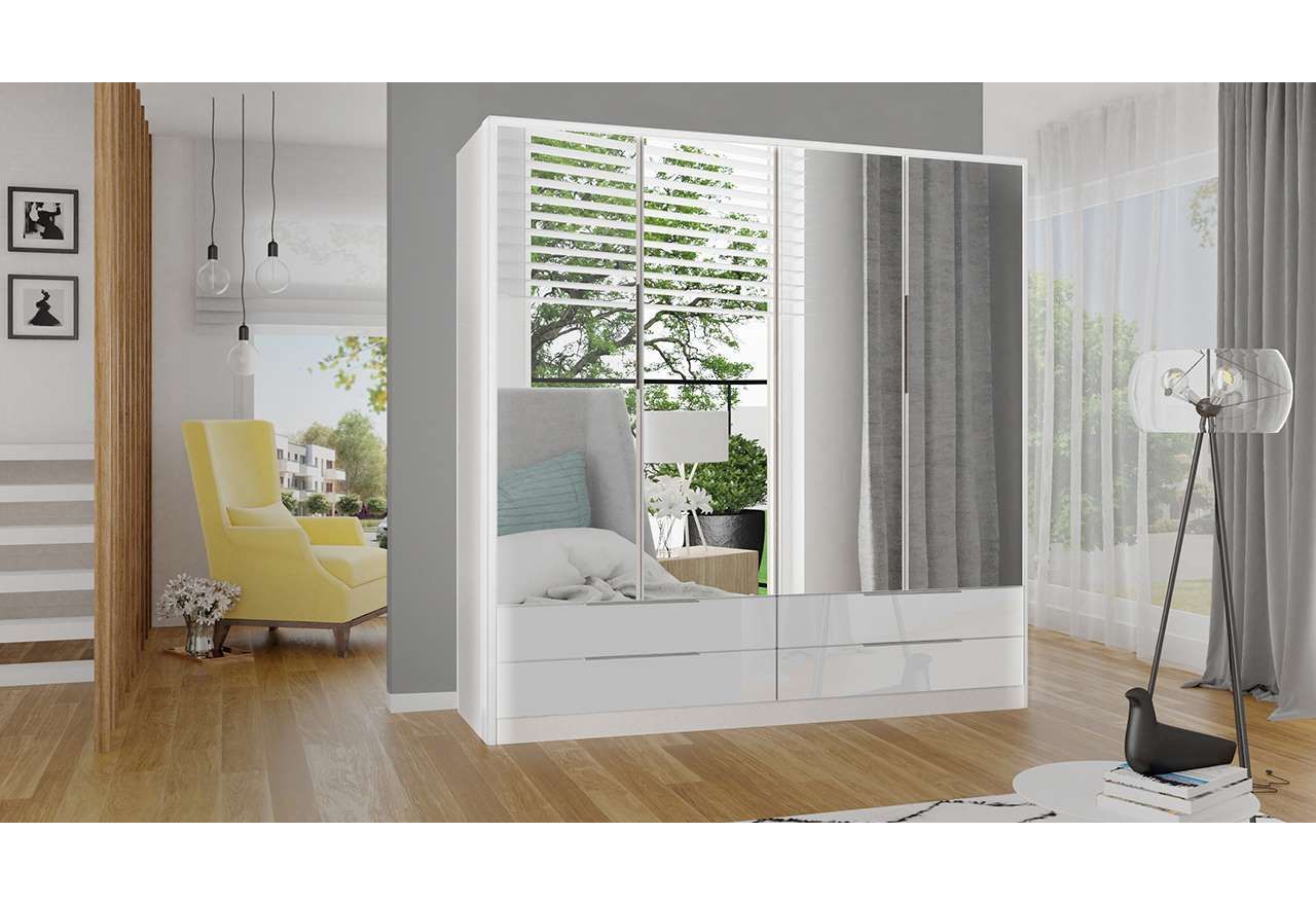 Duża, pojemna biała szafa 207 cm z lustrem na frontach oraz głębokimi szufladami - MERIDA biały połysk, lustro