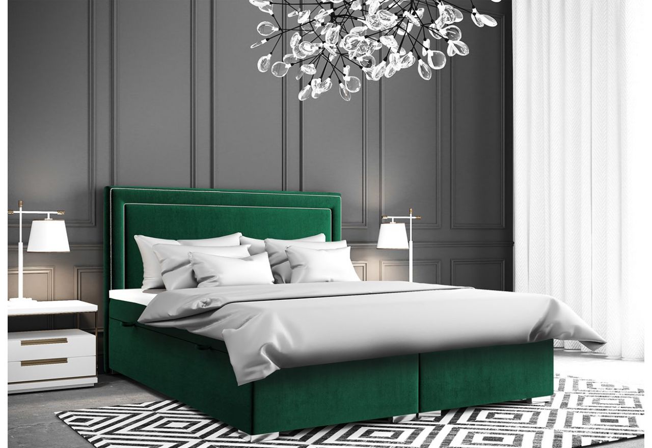 Łóżko kontynentalne podwójne z materacem, srebrnymi pinezkami i topperem do sypialni - ZORAN 160x200 butelkowa zieleń