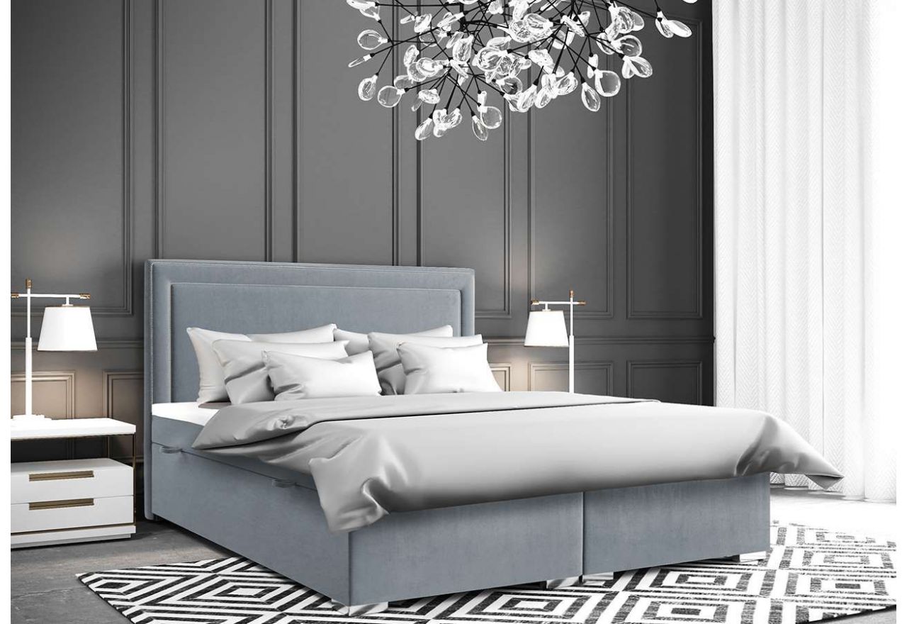 Łóżko kontynentalne podwójne z materacem i topperem do sypialni, pinezki srebrne - ZORAN 160x200 szary