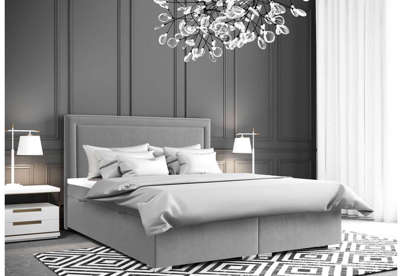 Łóżko kontynentalne ze srebrnymi pinezkami na wezgłowiu, z materacem i topperem do sypialni - ZORAN 160x200 popiel