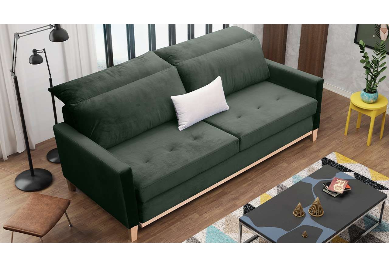 Skandynawska sofa z funkcją spania AVIA w odcieniu butelkowej zieleni
